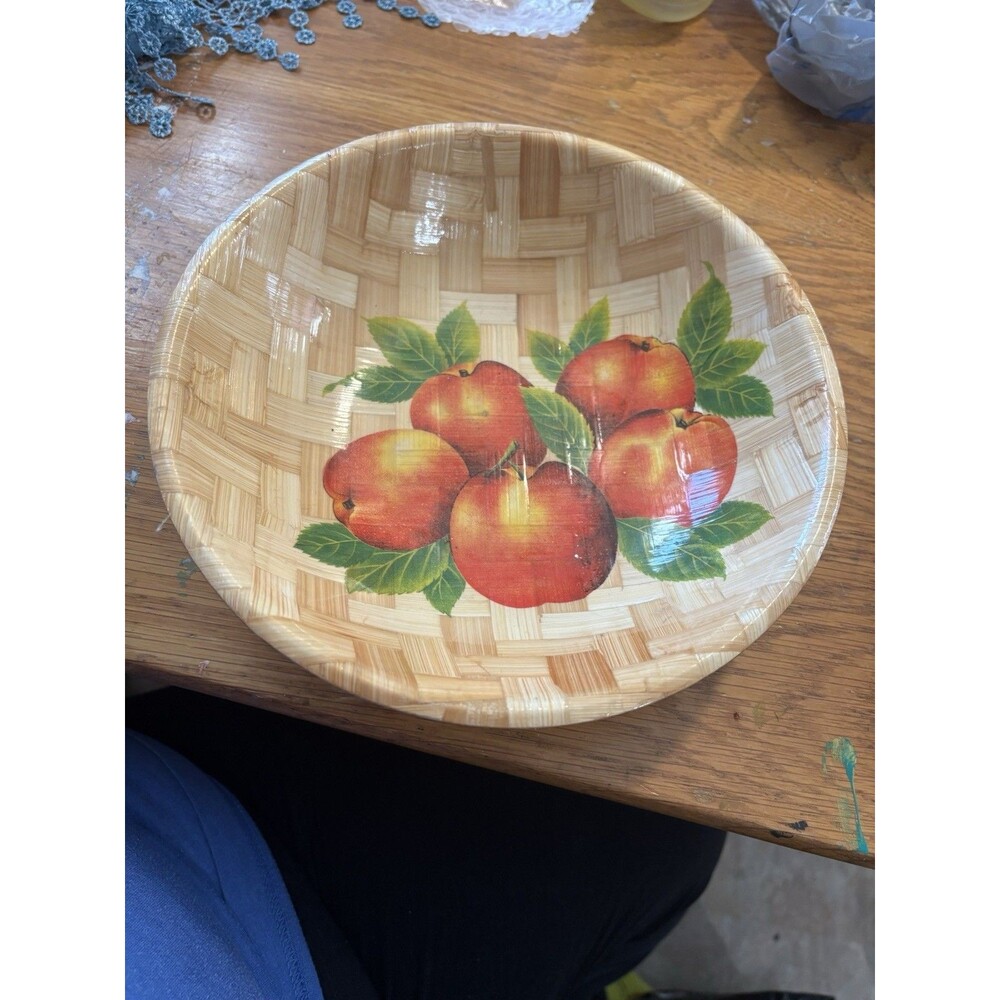Vintage‎ Faux Woven Basket Melamine Serving Bowl Apple Fruit Graphic Tan 10 Inch